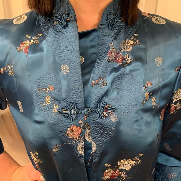 Vintage Asian Inspired Blue Heavy Satin Button Down Dress sz 34 or US 6 - Picture 3 of 6